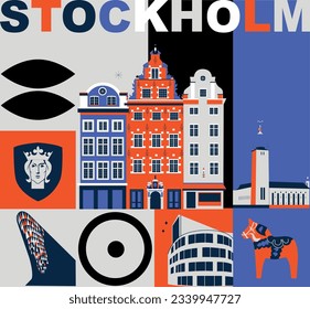 Typography word "Stockholm" branding technology concept. Collection of flat vector web icons. Culture travel set, famous architectures, specialties detailed silhouette. Sweden famous landmark