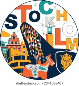 Typography word "Stockholm" branding technology concept. Collection of flat vector web icons. Culture travel set, famous architectures, specialties detailed silhouette. Sweden famous landmark