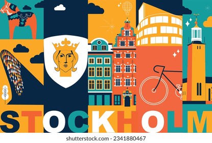 Typography word "Stockholm" branding technology concept. Collection of flat vector web icons. Culture travel set, famous architectures, specialties detailed silhouette. Sweden famous landmark