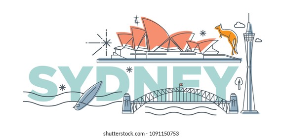 Typography word "Sydney" branding technology concept. Collection of flat vector web icons, culture travel set, famous architectures, specialties detailed silhouette. Australian famous landmark.
