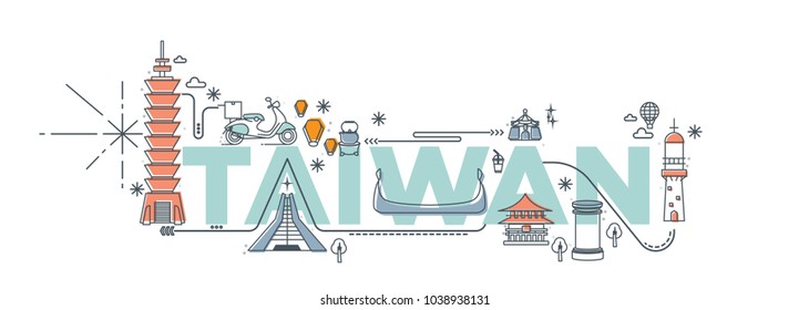 Typography word "Taiwan" branding technology concept. Culture travel set, famous architectures and specialties in flat design. Business travel and tourism concept. Image for presentation, banner, webs