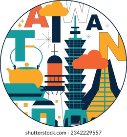 Typography word "Taiwan" branding technology concept. Culture travel set, famous architectures and specialties in flat design. Business travel and tourism concept. Image for presentation, banner, webs