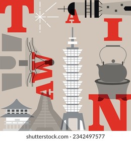 Typography word "Taiwan" branding technology concept. Culture travel set, famous architectures and specialties in flat design. Business travel and tourism concept. Image for presentation, banner, webs