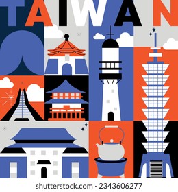 La palabra tipográfica "Taiwán" marca el concepto de tecnología. Establecimiento de viajes culturales, arquitecturas famosas y especialidades de diseño plano. Concepto de viajes de negocios y turismo. Imagen para presentación, banner, webs