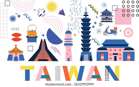 Typography word "Taiwan" branding technology concept. Culture travel set, famous architectures in flat and Memphis design. Business travel and tourism concept. Image for presentation, banner, web
