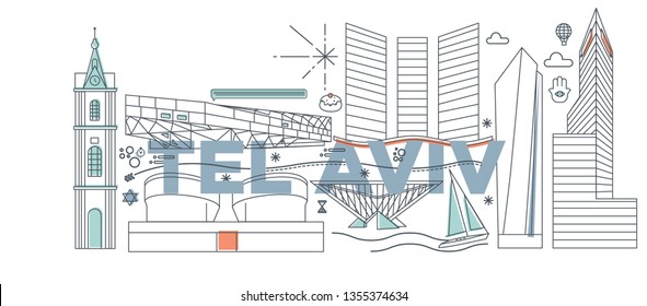 Typography word Tel Aviv branding technology concept. Collection of flat vector web icons. Israel culture travel set, architectures, specialties detailed silhouette. Doodle famous landmarks.