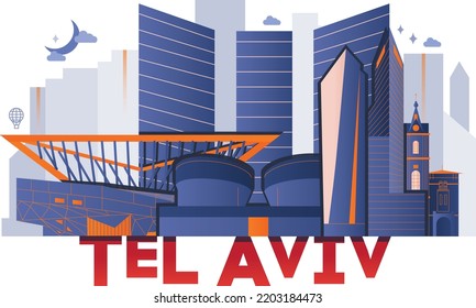 Typography word Tel Aviv branding technology concept. Collection of flat vector web icons. Israel culture travel set, architectures, specialties detailed silhouette. Doodle famous landmarks.