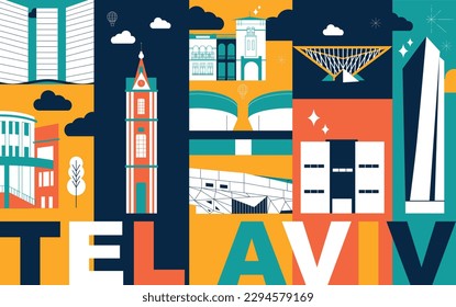 Typography word Tel Aviv branding technology concept. Collection of flat vector web icons. Israel culture travel set, architectures, specialties detailed silhouette. Doodle famous landmarks.