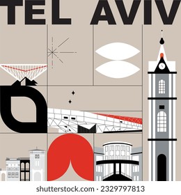 Typography word Tel Aviv branding technology concept. Collection of flat vector web icons. Israel culture travel set, architectures, specialties detailed silhouette. Doodle famous landmarks.