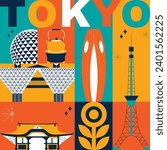 Typography word "Tokyo" branding technology concept. Collection of flat vector icons, culture travel set famous architectural, specialties detailed silhouette. Japanese landmark video split screen
