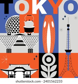 La palabra tipográfica "Tokio" marca el concepto de tecnología. Colección de íconos vectoriales planos, recorrido cultural conjunto arquitectónico famoso, especialidades detalladas silueta. Pantalla de video dividida de monumentos japoneses