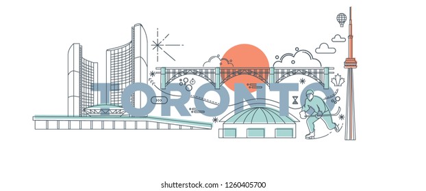 Typography word Toronto branding technology concept. Collection of flat vector web icons. Canadian culture travel set, architectures, specialties detailed silhouette. Doodle American famous landmark