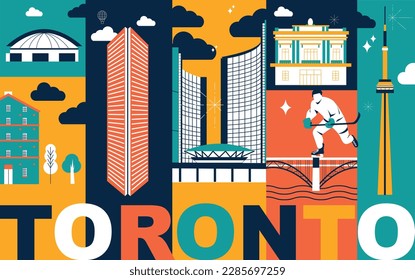 Typografía palabra Toronto branding concepto de tecnología. Colección de iconos web vectoriales planos. Juego de viajes para la cultura canadiense, arquitectura, especialidades detalladas silueta. Punto de referencia de Doodle American