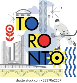 Typography word Toronto branding technology concept. Collection of flat vector web icons. Canadian culture travel set, architectures, specialties detailed silhouette. Doodle American famous landmark