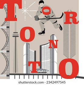 Typography word Toronto branding technology concept. Collection of flat vector web icons. Canadian culture travel set, architectures, specialties detailed silhouette. Doodle American famous landmark