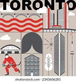 Typography word Toronto branding technology concept. Collection of flat vector web icons. Canadian culture travel set, architectures, specialties detailed silhouette. Doodle American famous landmark