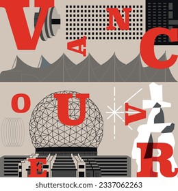 Typography word Vancouver branding technology concept. Collection of flat vector web icons. Canadian culture travel set, architectures, specialties detailed silhouette American famous landmark