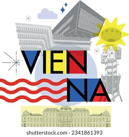 Typography word "Vienna" branding technology concept. Collection of flat vector web icons. Culture travel set, famous architectures, specialties detailed silhouette. Austria famous landmark