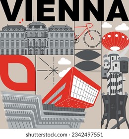 Typography word "Vienna" branding technology concept. Collection of flat vector web icons. Culture travel set, famous architectures, specialties detailed silhouette. Austria famous landmark