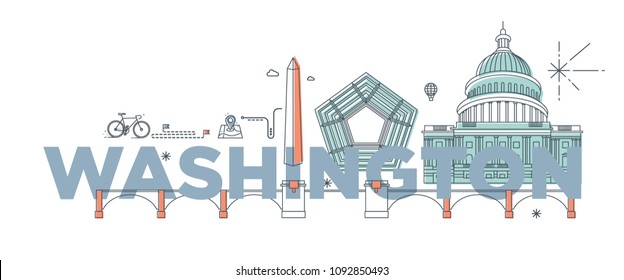 Typography word "Washington" branding technology concept. Collection of flat vector web icons, culture travel set, famous architectures, specialties detailed silhouette. American famous landmark.
