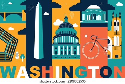 La palabra tipográfica "Washington" marca el concepto de tecnología. Colección de íconos vectoriales planos, viajes de cultura set famosas especialidades arquitectónicas detalladas silueta. Pantalla dividida de vídeo emblemático de Estados Unidos