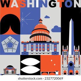 Typography word "Washington" branding technology concept. Collection of flat vector web icons, culture travel set, famous architectures, specialties detailed silhouette. American famous landmark.