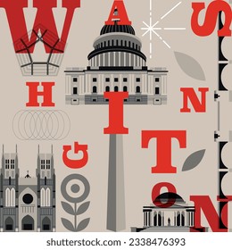 Typography word "Washington" branding technology concept. Collection of flat vector web icons, culture travel set, famous architectures, specialties detailed silhouette. American famous landmark.