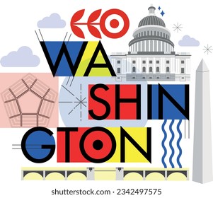 Typography word "Washington" branding technology concept. Collection of flat vector web icons, culture travel set, famous architectures, specialties detailed silhouette. American famous landmark.