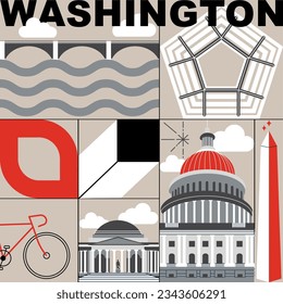 Typography word "Washington" branding technology concept. Collection of flat vector web icons, culture travel set, famous architectures, specialties detailed silhouette. American famous landmark.