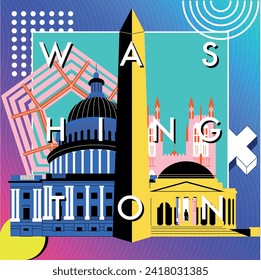 Typography word "Washington" branding technology concept. Collection of flat vector icons, culture travel set famous architectural specialties detailed silhouette. American landmark video split screen