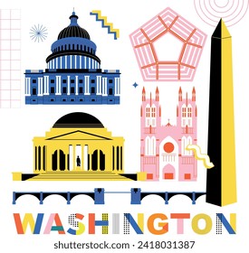 Typography word "Washington" branding technology concept. Collection of flat vector icons, culture travel set famous architectural specialties detailed silhouette. American landmark video split screen