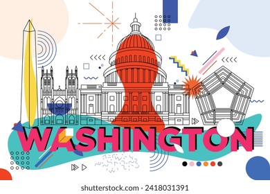 Typography word "Washington" branding technology concept. Collection of flat vector icons, culture travel set famous architectural specialties detailed silhouette. American landmark video split screen