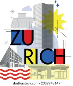 Typography word "Zurich" branding technology concept. Collection of flat vector web icons. Culture travel set, famous architectures, specialties detailed silhouette. Switzerland famous landmark