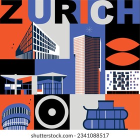 Typography word "Zurich" branding technology concept. Collection of flat vector web icons. Culture travel set, famous architectures, specialties detailed silhouette. Switzerland famous landmark