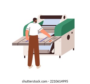 Typography worker and industrial laminator machine with paper roll. Work of professional equipment for laminating, device in polygraphy industry. Flat vector illustration isolated on white background