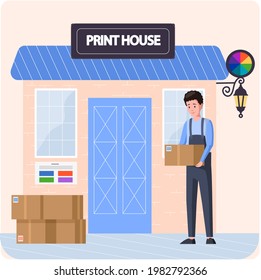 Typography workflow concept. Courier transporting equipment for printers, inks, paints. Employee of printing house carries boxes with materials for printer working. Guy delivers parcels to print house
