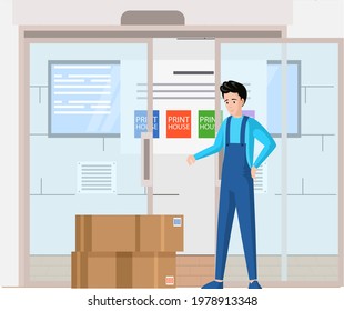 Typography workflow concept. Man looking at equipment for printers, inks, paints in containers. Printing publishing document. Employee of printing house counts boxes with materials for printer working