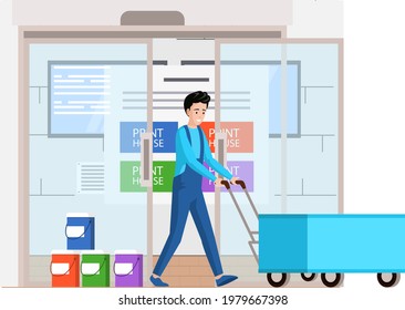 Typography workflow concept. Man with wheelbarrow transports equipment for printers, inks, paints. Printing publishing document. Employee of printing house transports materials for printer working