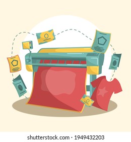 Typography workflow. Polygraphy printing. Equipment printers, inks, palette. Prepress. Printing publishing document. Print shop services, printing process. Press production. Vector illustration.