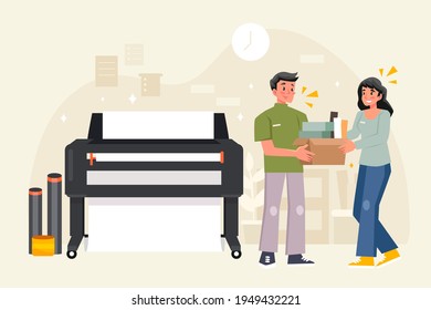 Typography workflow. Polygraphy printing. Equipment printers, inks, palette. Prepress. Printing publishing document. Print shop services, printing process. Press production. Vector illustration.