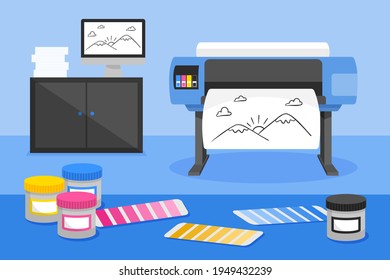 Typography workflow. Polygraphy printing. Equipment printers, inks, palette. Prepress. Printing publishing document. Print shop services, printing process. Press production. Vector illustration.
