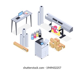 Typography workflow. Polygraphy printing. Equipment printers, inks, palette. Prepress. Printing publishing document. Print shop services, printing process. Press production. Vector illustration.