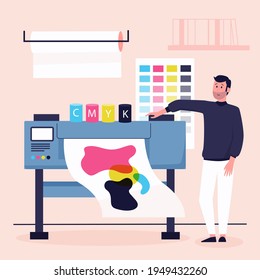 Typography workflow. Polygraphy printing. Equipment printers, inks, palette. Prepress. Printing publishing document. Print shop services, printing process. Press production. Vector illustration.