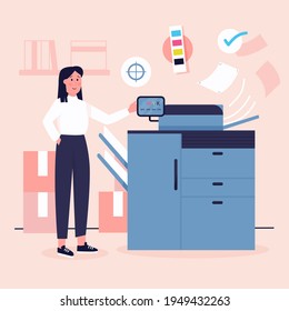 Typography workflow. Polygraphy printing. Equipment printers, inks, palette. Prepress. Printing publishing document. Print shop services, printing process. Press production. Vector illustration.