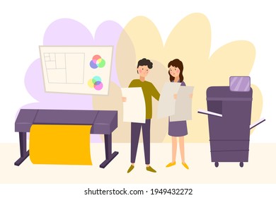 Flujo de trabajo de tipografía. Impresión de polígrafía. Impresoras de equipos, tintas, paleta. Presionar. Imprimir documento de publicación. Servicios de tienda de impresión, proceso de impresión. Producción de prensa. Ilustración vectorial.
