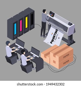 Typography workflow. Polygraphy printing. Equipment printers, inks, palette. Prepress. Printing publishing document. Print shop services, printing process. Press production. Vector illustration.