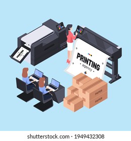 Typography Workflow. Polygraphy Printing. Equipment Printers, Inks, Palette. Prepress. Printing Publishing Document. Print Shop Services, Printing Process. Press Production. Vector Illustration.