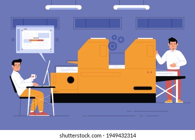 Typography workflow. Polygraphy printing. Equipment printers, inks, palette. Prepress. Printing publishing document. Print shop services, printing process. Press production. Vector illustration.