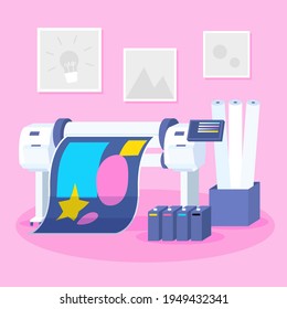 Typography workflow. Polygraphy printing. Equipment printers, inks, palette. Prepress. Printing publishing document. Print shop services, printing process. Press production. Vector illustration.