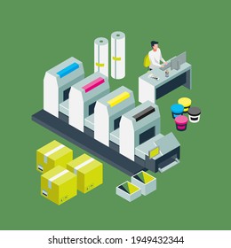 Typography Workflow. Polygraphy Printing. Equipment Printers, Inks, Palette. Prepress. Printing Publishing Document. Print Shop Services, Printing Process. Press Production. Vector Illustration.